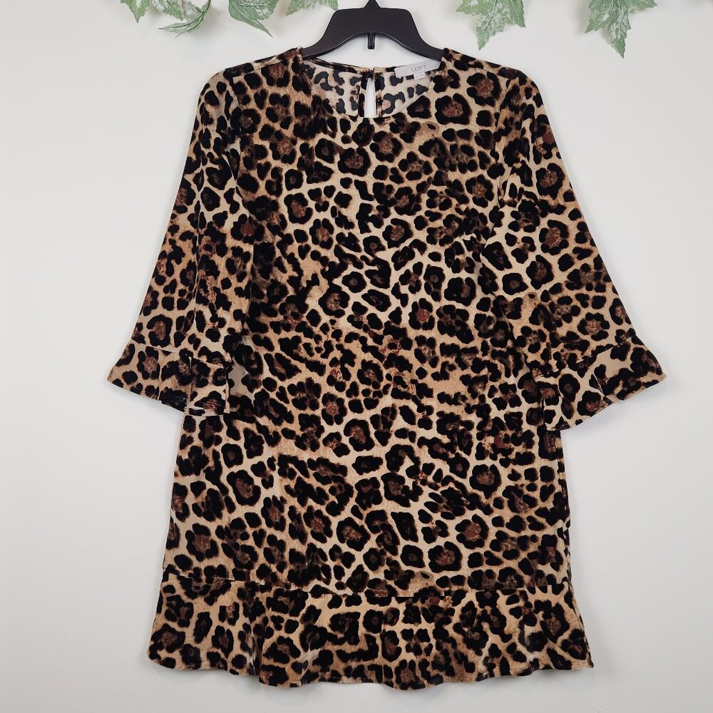 Loft Size 10 Velvet Animal Print 3/4 Sleeve Ruffle Hem Stretch Women's Dress